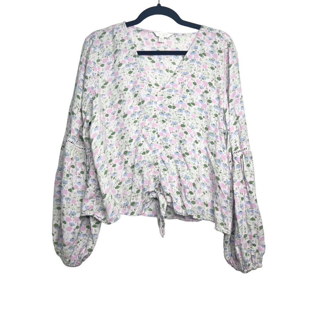 LC Lauren Conrad Floral V-Neck Blouse With Balloon Sleeves & Tie Front